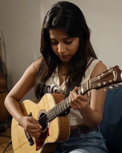 Tanvi stylishly playing a guitar. Best quality, realistic image. 