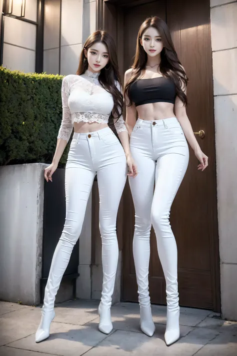 ((Realistic lighting, best quality, 8K, masterpiece:1.3)), Lock focus:1.2, 1 sister, Beautiful woman with perfect figure:1.4, : Beautiful Korean girl, Korean pop idol，Leg length，(Pale skin), (big eyes),（Smile：0.8），（Plump and sexy lips）， Complex and detaile...