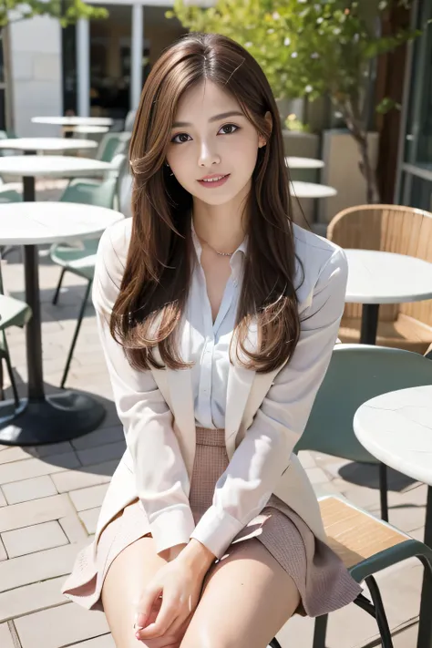 highest quality, Realistically, Very detailed, About pubic hair, High resolution, 8k wallpaper, One beautiful woman, Pink wet lips, Light brown messy hair, Wearing a suit, shirt, White Skirt, Lock focus, Perfect dynamic composition, Beautiful Eyes, Delicat...