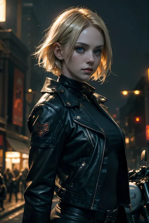 blonde short hair, vibrant blue eyes, white pale skin, portrait, full leather clothes, biker clothes, thin nose, thin chin, dark...