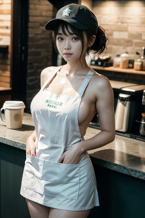 A girl in a Starbucks uniform makes coffee，double-ponytail，Wearing a baseball cap on his head，Slightly chubby figure，Clothes and skin are soaked all over，（wetclothes：1.8），Reflective skin，Sweaty skin，high high quality、tmasterpiece、Hyper-Resolution、barechest...