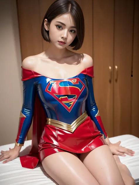 masterpiece、Shorthair Supergirl、centralized treatment room、operating table、Big and ample breasts、Red mini skirt、barefoot、Looking at the camera、Shiny Costumes、Off the shoulder、Long sleeve、Please put your hands on your hipodel Body Type、latex、