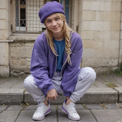 Manga 17 year old blond boy blue eyes, chaussures violettes pantalon brun clair pull violet casquette a lenvers blanche, souriant portant un sac a dos, dans le style graphique manga 