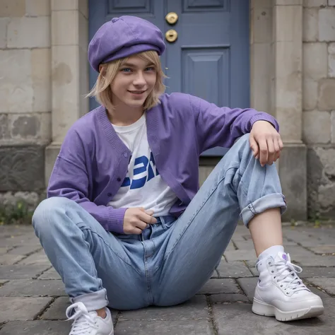 Manga 17 year old blond boy blue eyes, chaussures violettes pantalon brun clair pull violet casquette a lenvers blanche, souriant portant un sac a dos, dans le style graphique manga 