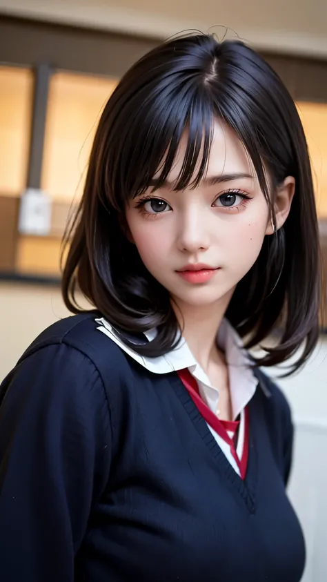 (masterpiece:1.2, highest quality), (Realistic, photoRealistic:1.4), Bob Hair、Black Hair、bangs、Black sailor uniform - full body - facing forward、high school girl、Beauty