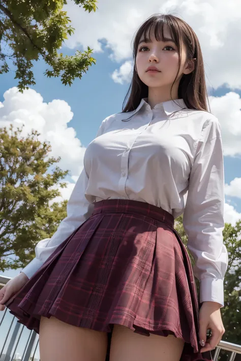 1 giantess standing above the city，Graceful figure，1 girl, from_below,big deal_breast, long_sleeve, outdoor, , shooting, Plaid, Plaid_skirt, strength_Lines, School_, skirt, Sky, alone, underwear, upskirt, Utilities_No, wind_turbine,realistic art,(emphasize...