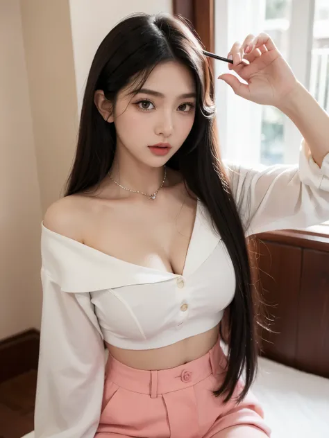 Kim jennie con el cabello negro oscuro, con rulos en las puntas del cabello negro oscuro, con un ganchito de estrella en el cabello negro oscuro, ojos de color claro, ojos bonitos, ojos llorosos, nariz bonita y respingada, labios bonitos, labios rosas, hea...