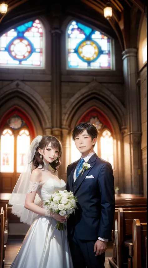 Bride and groom、church、wedding style、Both of them are facing the front、smile、Second Dimension