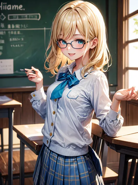 masterpiece, highest quality、girl、student、short hair、Wavy Hair、blonde、green eyes、slender、Small breasts、White blouse、Blue tie、Cream-colored blazer、Blue checked skirt、Glasses、smile、classroom、Upper Body