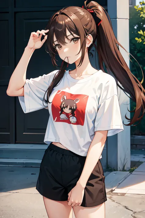 "anime girl, 1 person, dark brown hair, ponytail, ponytail, hair tied, brown eyes, hair tie in mouth, t-shirt, white t-shirt, tights, shorts, big breasts, red  face, solo, front view, (full HD 4K+ image )"