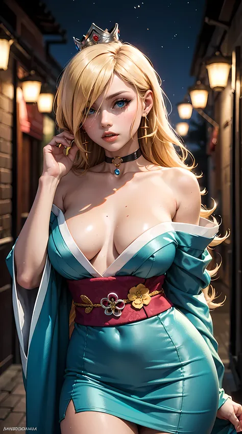 Beautiful blonde hair woman is shown to have a slender figure, she is wearing a kimono, choker, sexy look, hair over eye, wearing a tiny crown, blue eyes, girl in night life ,sexy session, sexy pose, cowboy shot, superior quality, many details, realistic