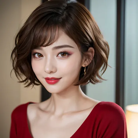 (highest quality、Tabletop、8k、Best image quality、Award-winning works)、(One Girl, 14 years old:1.3)、(Perfect V-neck long knit red sweater:1.2)、(Red eyeshadow:1.2)、Perfect Makeup、Long eyelashes、Ultra-high definition sparkling eyes、Ultra HD Hair、Ultra High Res...