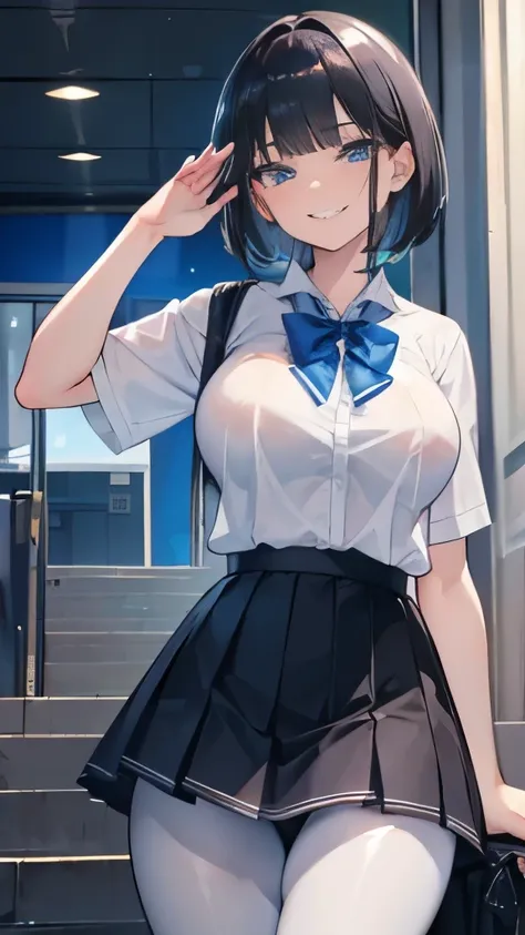 (8k、Best image quality、highest quality、masterpiece)、Detailed face、((One ))、Black Hair、Bobcut、Blunt bangs、Bright Blue Eyes、Wicked Smile、((Grin))、((Big Breasts))、White shirt and pleated skirt、((High school girlini skirt))、(Black Pantyhose), Cowboy Shot、salut...