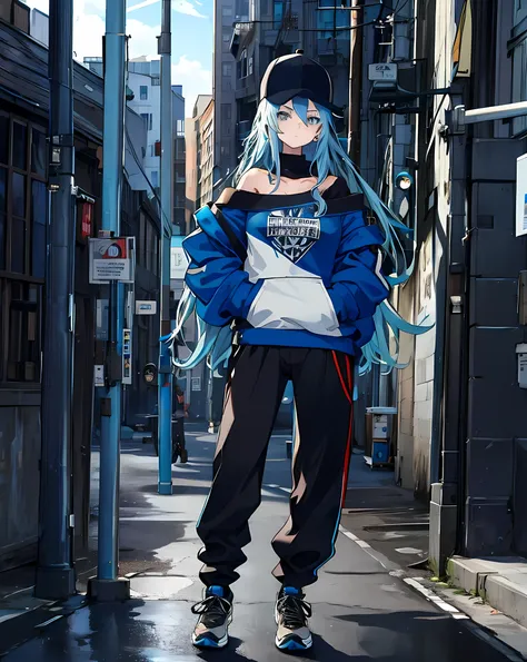 masterpiece,1girl,solo,long hair,blue hair,hoodie,off shoulder:1.2, mob cap, street,hand on hip, hand in pocket,