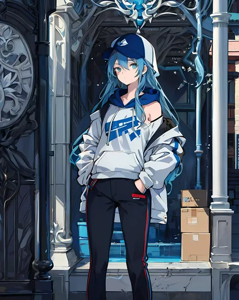 masterpiece,1girl,solo,long hair,blue hair,hoodie,off shoulder:1.2, mob cap, street,hand on hip, hand in pocket,