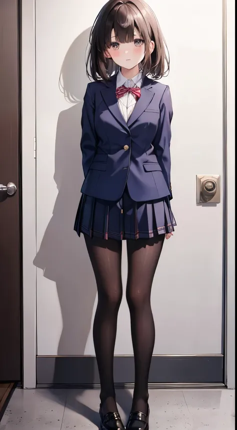 finest, masterpiece, High resolution, (Full body view from head to toe), Composition from slightly below the front, Symmetrical, 18 years old, slim and beautiful girl, alone, (small breasts), (not wearing shoes),Unkempt brown hair, bangs, (black tights), (...