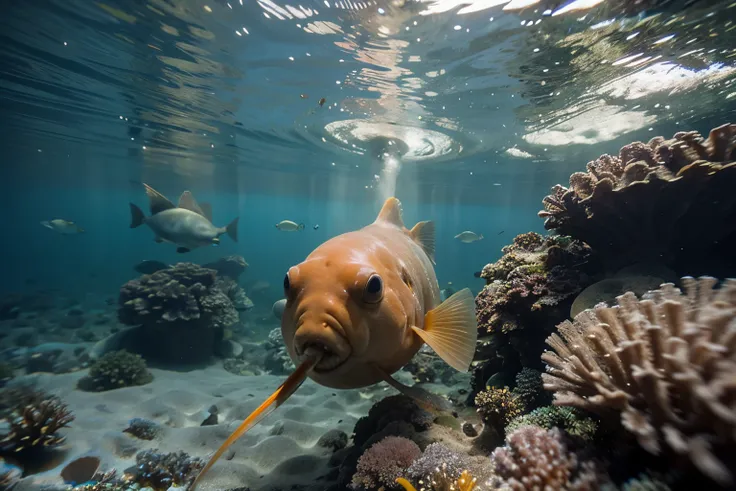 Waterproof plastic vacuum cleaner in the ocean cleaning very colorful coral reefs, peixes, corais, cores, estilo fofo e realista, chamativo, colorido, mar