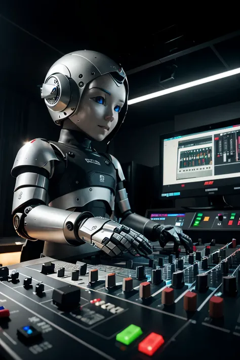 
create an image with a mixing console and a robot
