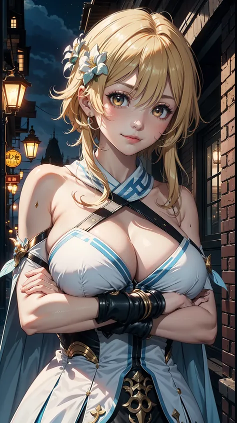 Masterpiece, ultra detail, high quality, 8k cg, huge breast, luminedef, night, blush, smile, bright eyes, standing, (eyes shining:1.5), detailed upper body, crossed arms, 