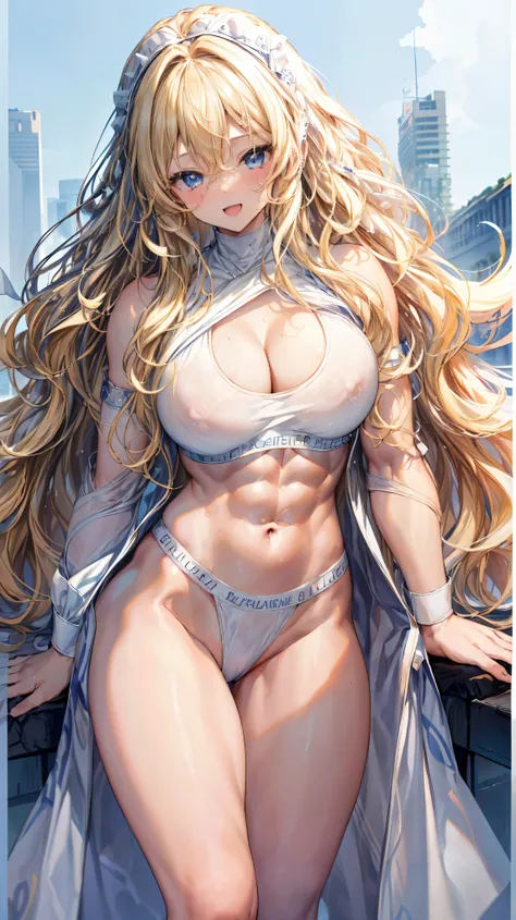 Super detailed、highest quality、Best image quality、masterpiece、8K、Anime Face、A kind smile、Open Mouth、Sparkling Blue Eyes、(Long blonde wavy hair:1.5)、(SFW huge body)、Cowboy Shot、(Wearing a white thong:1.5)、Muscles of the whole body、(In underwear:1.5)