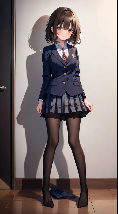 finest, masterpiece, High resolution, (Full body view from head to toe), Composition from slightly below the front, Symmetrical, 18 years old, slim and beautiful girl, alone, (small breasts), (not wearing shoes),Unkempt brown hair, bangs, (black tights), (...