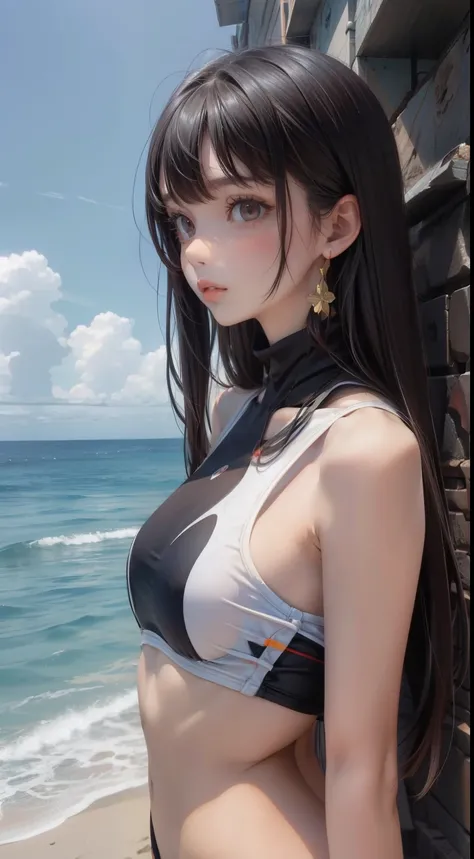 Beach、Young woman in swimsuit、19 years old、Long black hair、bangs、Beauty、Perfect proportions、Second dimension beautiful girl