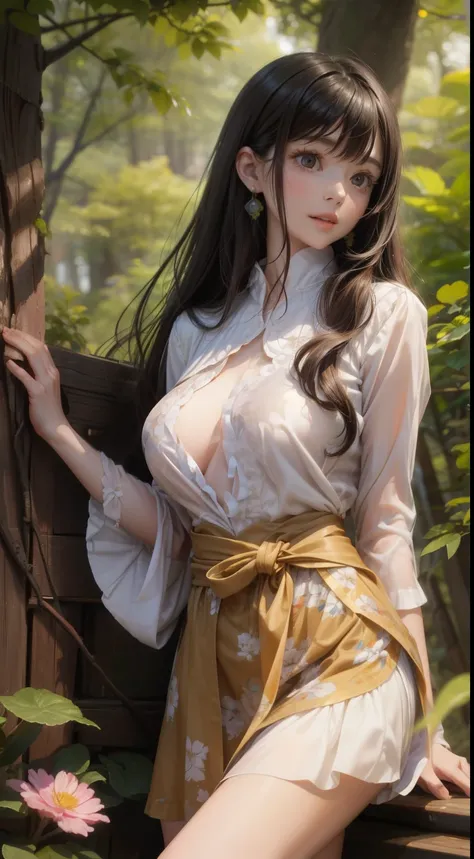 in the forest、near the lake、young woman、17 years old、Wearing a floral dress、The whole body is shown、smile、Black Hair、bangs、Long Hair、Big Breasts、Perfect proportions、Second dimension beautiful girl