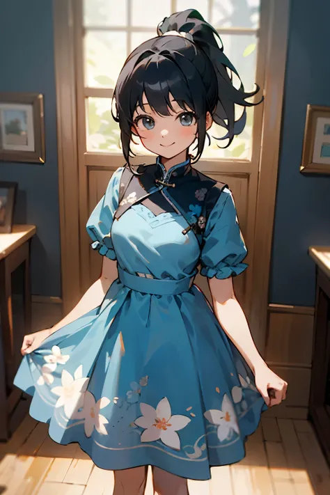 In the best quality、Teenage girl standing in a room。In high resolution、Beautiful details、Quiet atmosphere。Black hair ponytail、Cute Smile.。Wearing a cute floral blue dress。