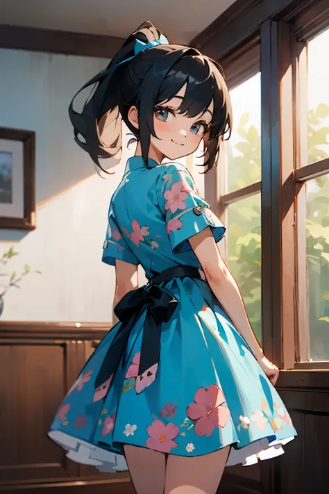 In the best quality、Teenage girl standing in a room。In high resolution、Beautiful details、Quiet atmosphere。Black hair ponytail、Cute Smile.。Wearing a cute floral blue dress。