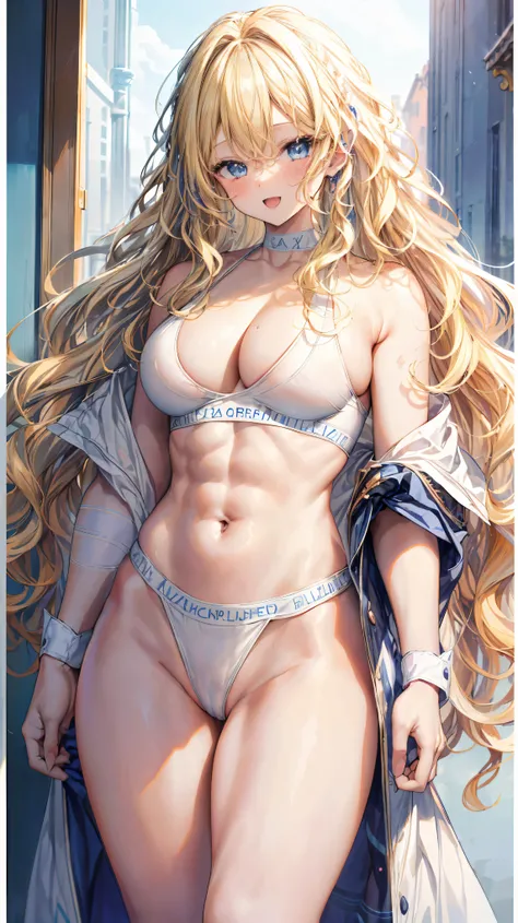 Super detailed、highest quality、Best image quality、masterpiece、8K、Anime Face、A kind smile、Open Mouth、Sparkling Blue Eyes、(Long blonde wavy hair:1.5)、(SFW huge body)、Cowboy Shot、(Wearing a white thong:1.5)、Muscles of the whole body、(In underwear:1.5)