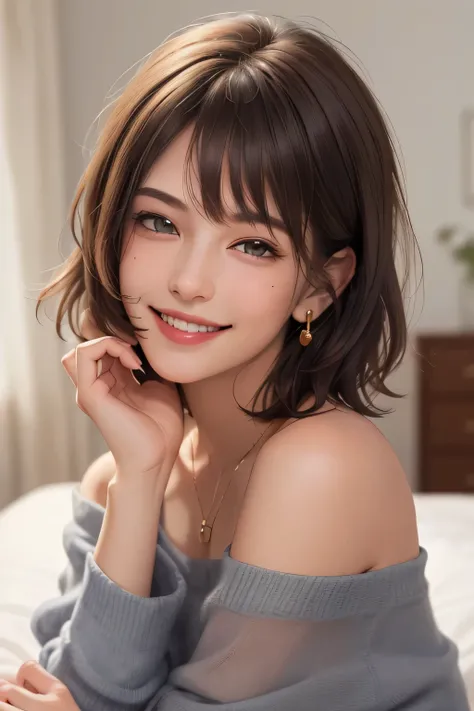 (top quality, 8k, masterpiece: 1.3), pretty woman with perfect figure: 1.4, dark brown hair, big, wearing pendants, torn shorts, sleeping in bedroom, very detailed face and skin, detailed eyes, double eyelids, top quality, masterpiece, (photorealistic: 1.4...