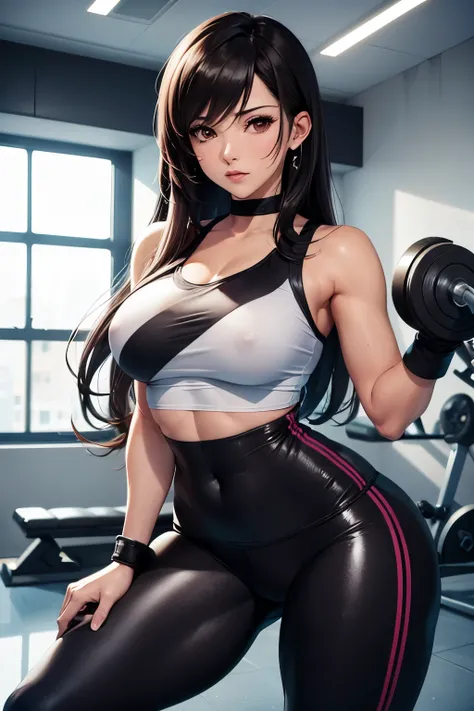 Tifa Lockhart in sexy and tight leggings, with sports clothes in the gym wiping off the sweat, High Resulution, UHD, detailed image.