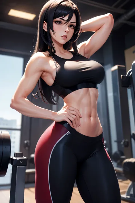 Tifa Lockhart in sexy and tight leggings, with sports clothes in the gym wiping off the sweat, High Resulution, UHD, detailed image.