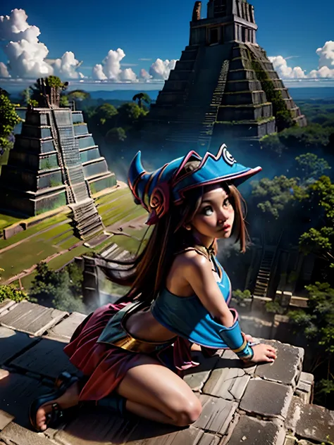 maga oscura en una ruinas mayas del gran jaguar en tikal. ella las sobre vuela. she is in the aires and sees some mayan ruins ti...