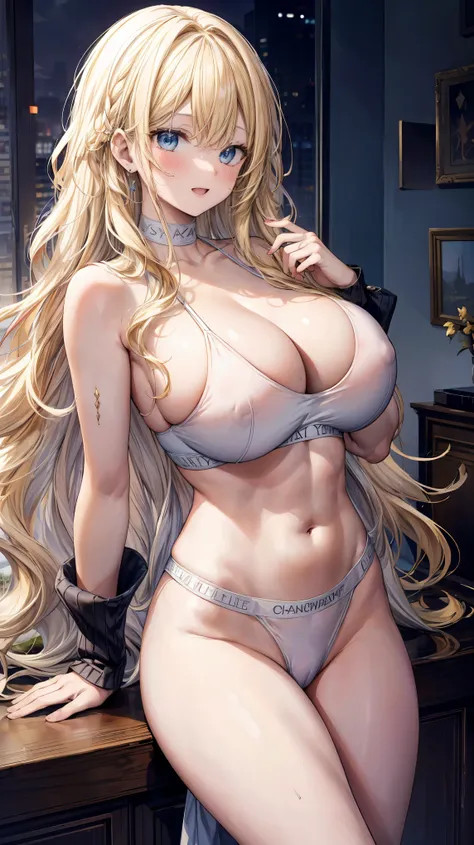 Super detailed、highest quality、Best image quality、masterpiece、8K、Anime Face、A kind smile、Open Mouth、Sparkling Blue Eyes、(Long blonde wavy hair:1.5)、(SFW huge body:1.3)、Cowboy Shot、(Wearing a white thong:1.5)、Muscles of the whole body、(In underwear:1.5)