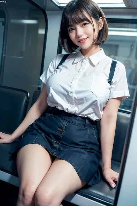 highest quality, masterpiece, Ultra-high resolution, (Reality: 1.4), Original photo, One girl, mature, White JK Uniform, happy smile, short hair,  gigantic bust, plump body, button gap:1.35, sitting on seat in train, open legs:1.5, Cinema Lighting, Landsca...