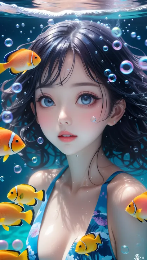 潜water：1.5.colorful，Bubbles，女孩潜water，海底flower海，ocean，Deep diving，许多coral，coral，Fish School，water草，flower，斑斓的coral，Positive face，water，Cold，Cool，Exquisite facial features，big eyes，cute，Beautiful makeup，Wet hair，脸上water珠，Swimsuit，whole body，grand scene，Extre...