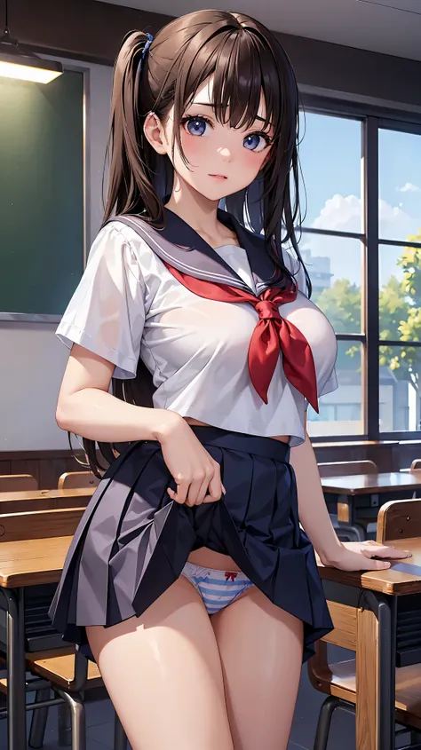 ((highest quality、High resolution、8k、masterpiece))、(((2girls))), Portrait、A beautiful woman、Perfect body、beautiful ample breasts、classroom、high school girl、Sailor suit、Embarrassed、((Lift up your skirt and show your panties))、I&#39;m tempting you