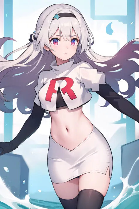 1girl, firefly (honkai: star rail), solo, hairband, hair ornament, cowboy shot, floating hair, depth of field, team rocket,team rocket uniform,white skirt,red letter R,crop top,black thigh-highs,black elbow gloves