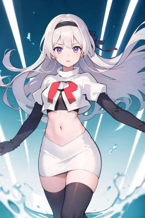 1girl, firefly (honkai: star rail), solo, hairband, hair ornament, cowboy shot, floating hair,  depth of field, team rocket,team rocket uniform,white skirt,red letter R,crop top,black thigh-highs,black elbow gloves