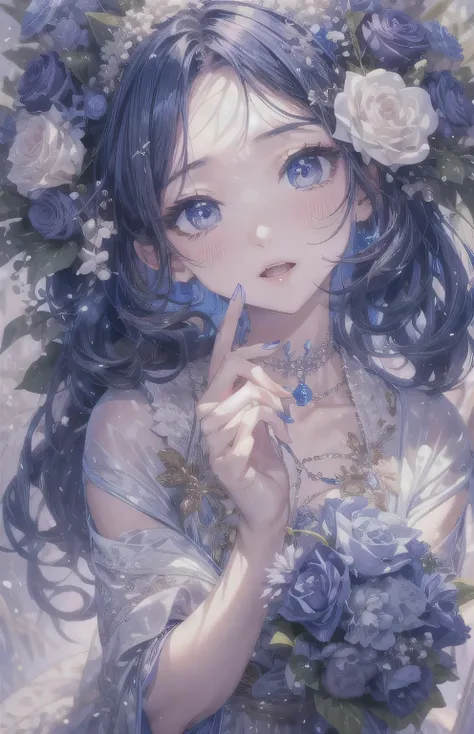 ((highest quality)), ((masterpiece)), (Get used to it), Perfect Face , beautiful girl , Princess , Dark blue , bouquet ,