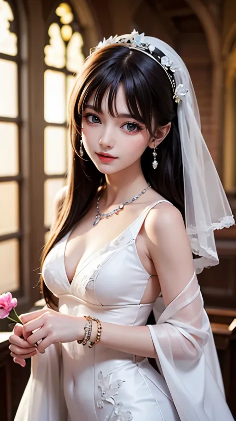 （Very delicate and beautiful：1.2）Supermodel,,Big Breasts,Beautiful breasts,Tight waist、Small Ass、highest quality, High resolution, 8k,, Sharp details, White floral dress, 21 years old、smile、Slim figure、Black Hair、Long Hair、bangs、The bride with the perfect ...