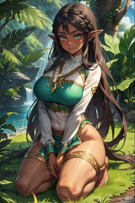 aazelda, long hair, pointy ears, dark skin, Green eyes, Black hair, Seiza, barefoot, (extremely detailed CG unity 4k wallpaper),(masterpiece),(best quality),(ultra-detailed),(best illustration),(best shadow),(absurdres),(detailed background), Tropical isla...