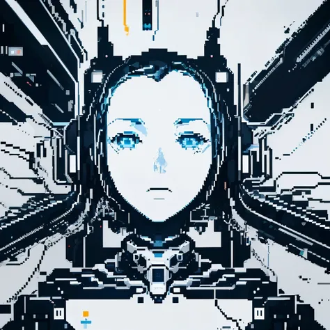 generative ai, recursive, mechanical, keyboard, pixel art, dream, recursive dream, flat, pixel art, robotic anime girl, robot, experiment, neural link, interface, wires, machine, complicate, monochrome, Ink Sketch, Looking at the audience, (Abstract ink sp...