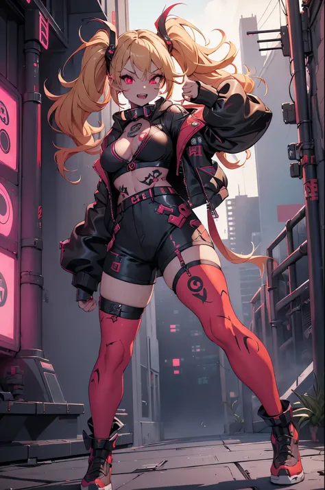 One girl, Rebecca (cyber punk), ((full body, fighting stance:1.0)),One Woman,Blonde twisted twin tails, glowing Red eyes,Laugh fearlessly, Leg Tattoos, neck tattoo,  Large Breasts, Black bra, String, Red pupils, Leather Fang, Red eyes, Black jacket, ((Dyna...