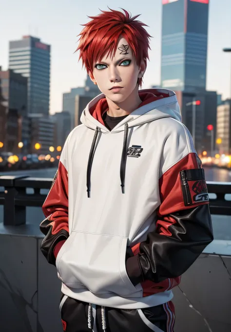 masterpiece, ultra-detailed, 1boy, male focus, upper body shot, gaara wearing streetwear hoodie, red hair, look at viewer, happy...