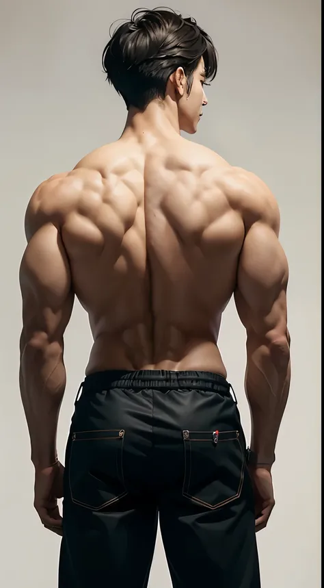 masterpiece, best quality, 1 man, back standing, back of man body, symmetry, good balanced, backside of body, head to feet, male, alone, standing straight, perfect facial anatomy, back muscles, orthostatic muscley, the scapula, shoulder muscles, fine muscl...