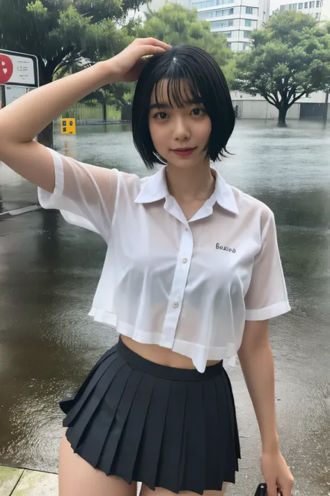 masterpiece、highest quality、woman 1、super detailed、gravure　black hair、short hair　japanese school girl uniform、pleated skirt、unde...