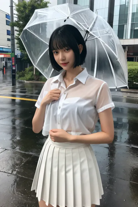 Masterpiece、highest quality、Woman 1、Super detailed、gravure　Black Hair、Short Hair　White Shirt、Pleated skirt、see through　getting wet from rain、Basking in the rain　Rainy city、flood