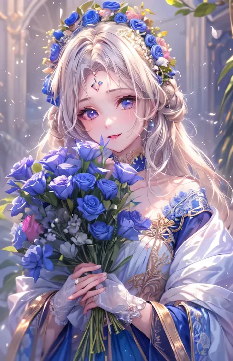 ((highest quality)), ((masterpiece)), (Get used to it), Perfect Face , beautiful girl , Princess , Dark blue , bouquet ,